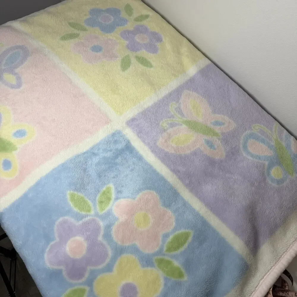 HTF Kidsline Floral Butterflies Girl Baby Blanket Pink Edge Color Block